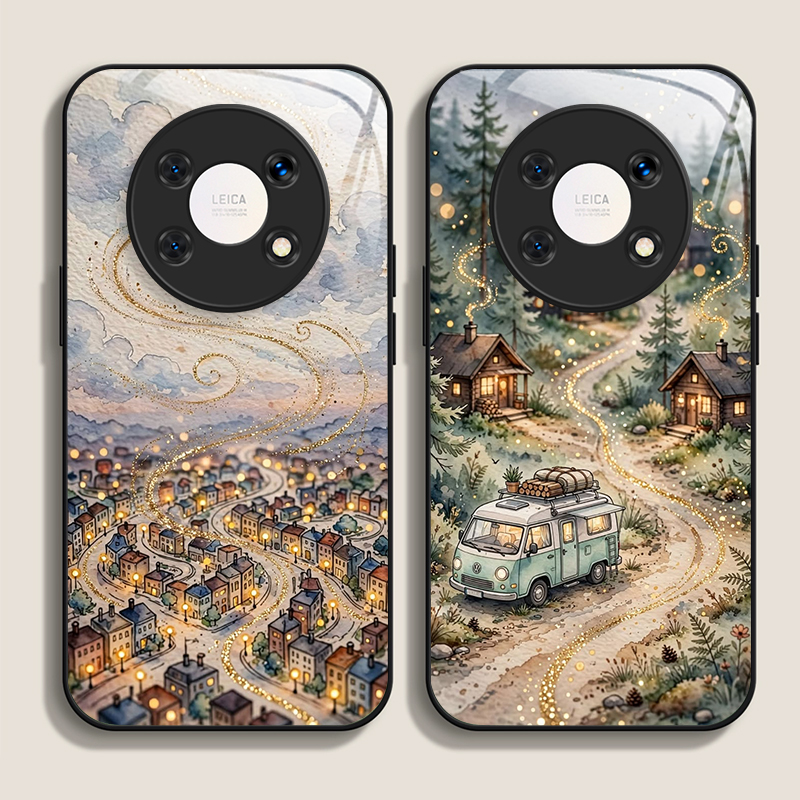 Huawei Nova 12 - Retro-Stadtlandschaft-Haus-Motiv Handyhülle aus gehärtetem Glas für